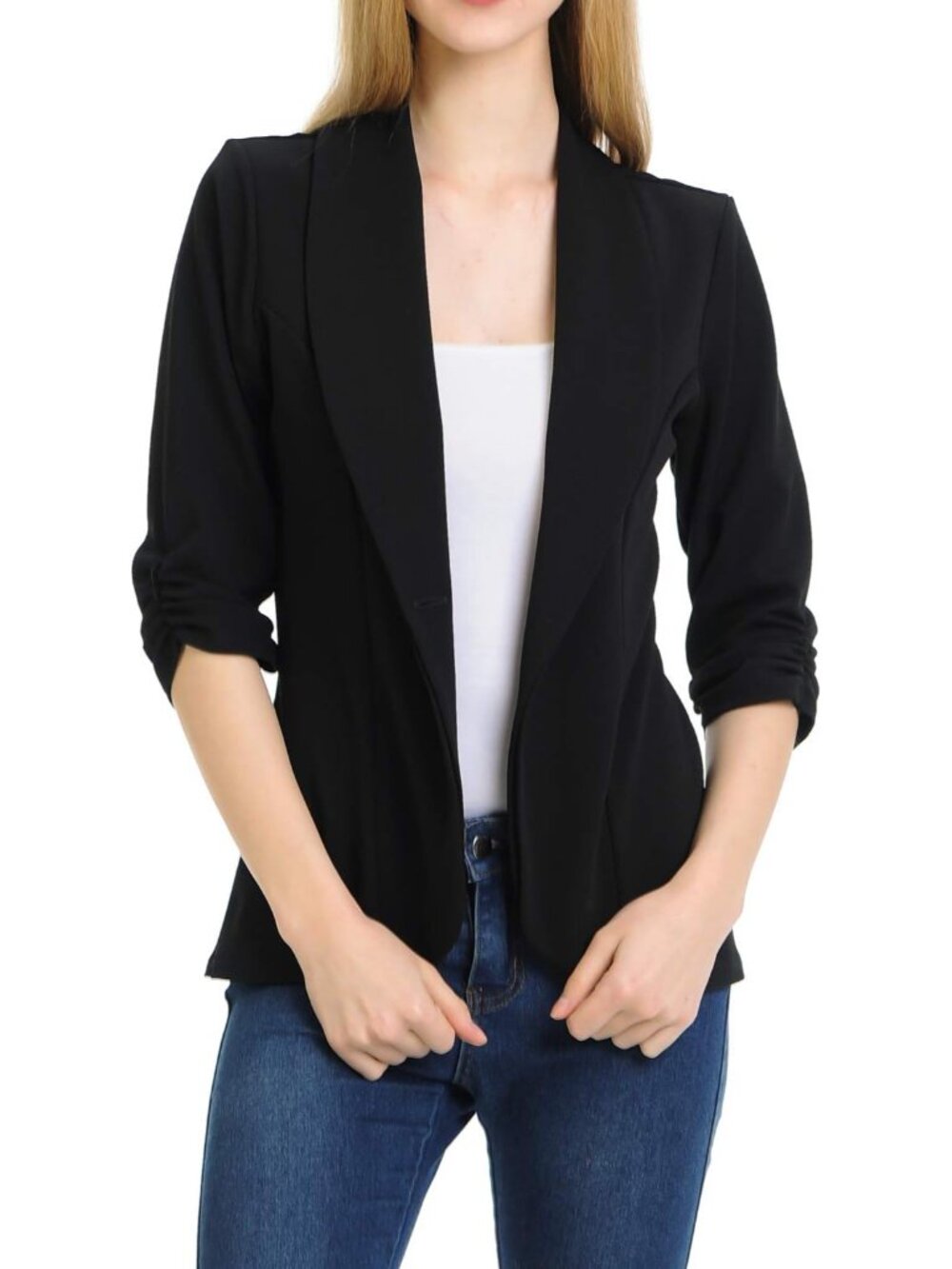Women's 3/4 Ruched Sleeve Lightweight Work Office Blazer Jacket S-3XL